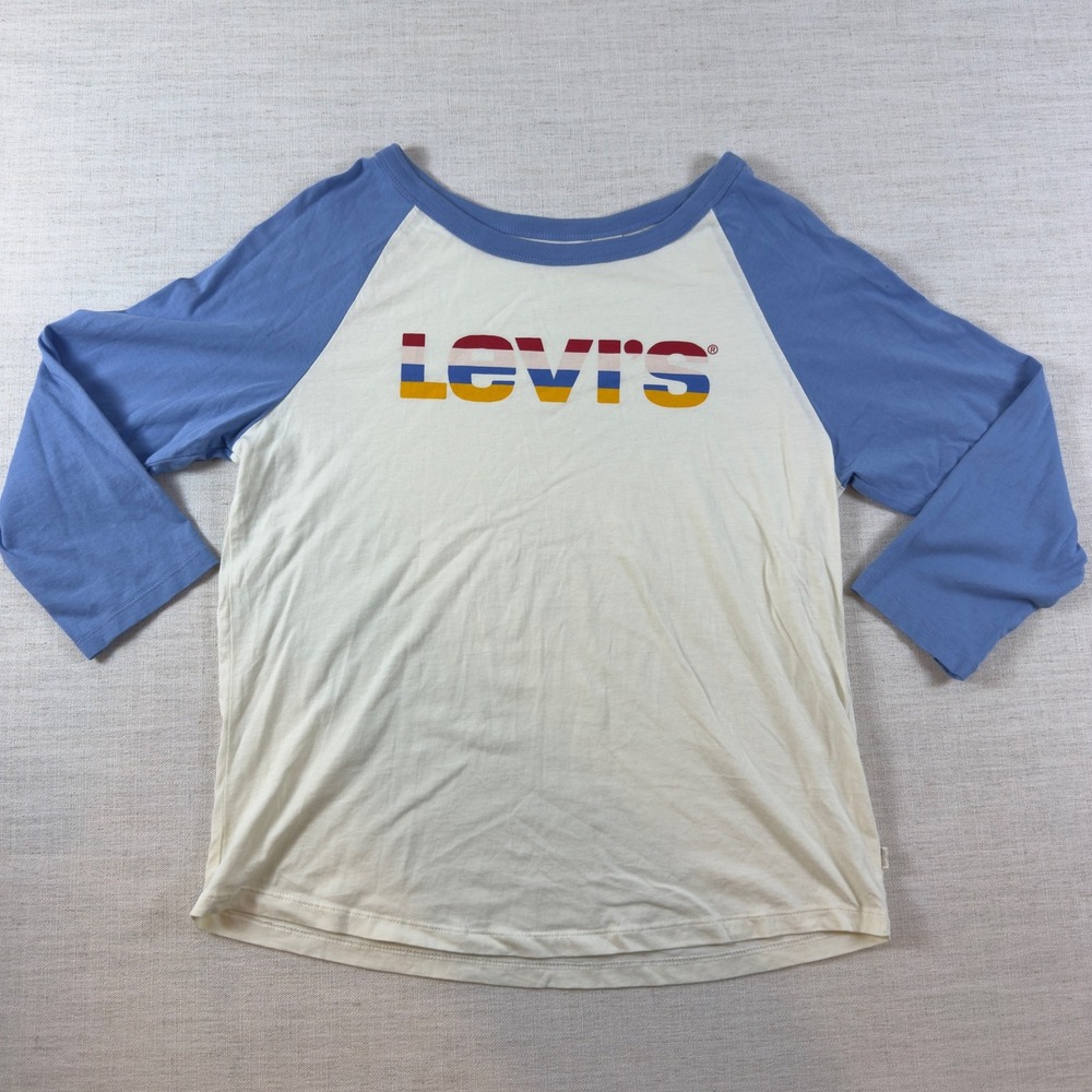 Levis Womens Raglan Baseball T-Shirt Blue Cream Multi Color Logo Size M